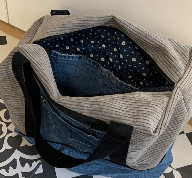 Sac de voyage en velour et jean 